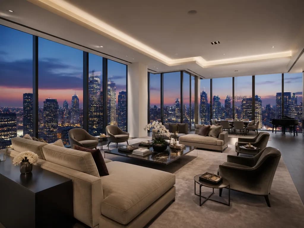AI-staged penthouse with city views