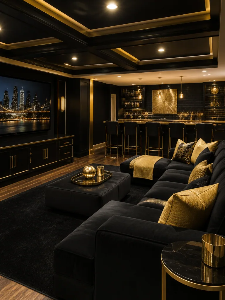 Black and Gold Basement design