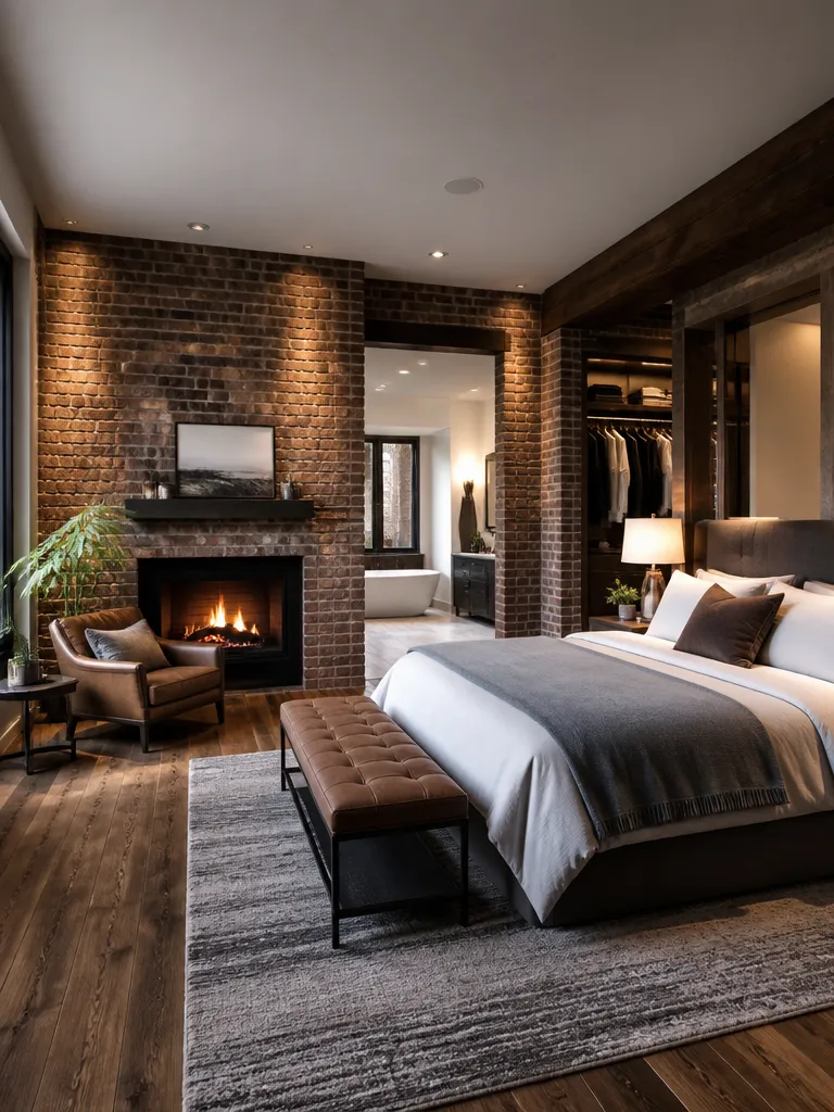 Brick Wall Master Bedroom Luxury editorial staging