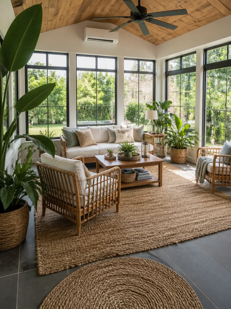 Jute Rug Sunroom Warm residential staging