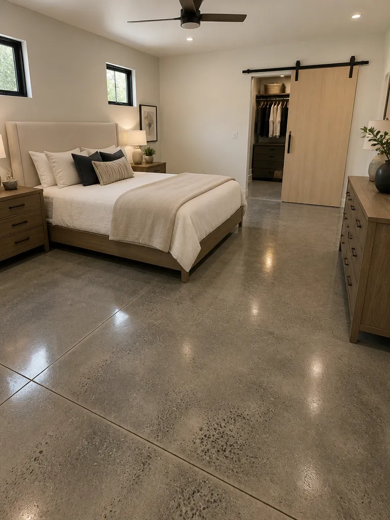 Polished Concrete Floors Bedroom Warm residential staging