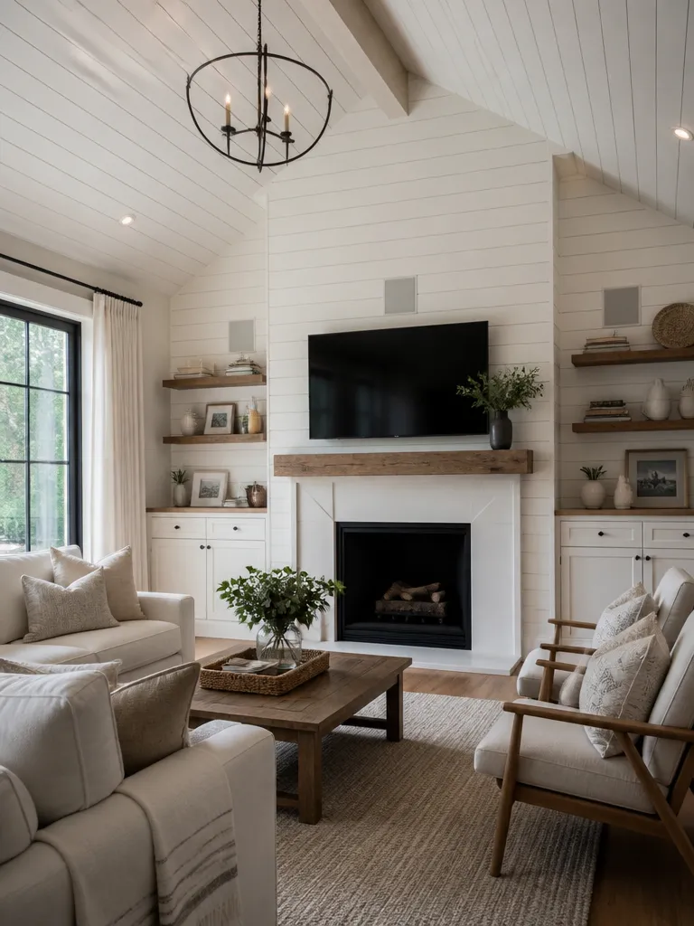 Shiplap Walls Living Room Warm residential staging