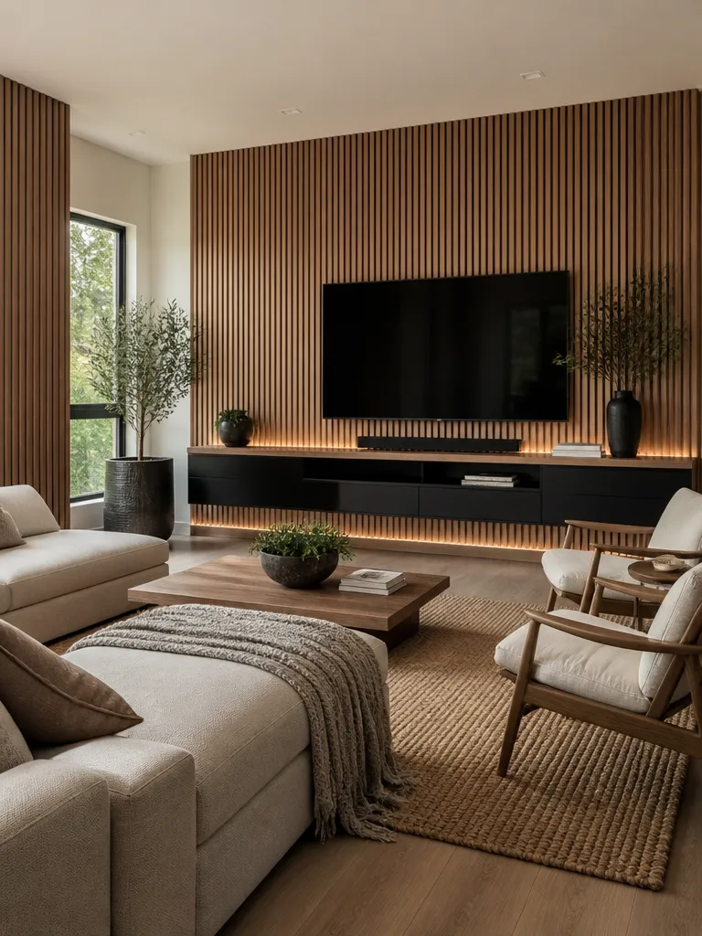 Slat Wall Living Room Warm residential staging