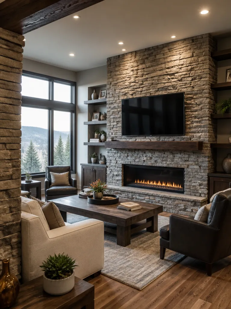 Stone Veneer Living Room Warm residential staging