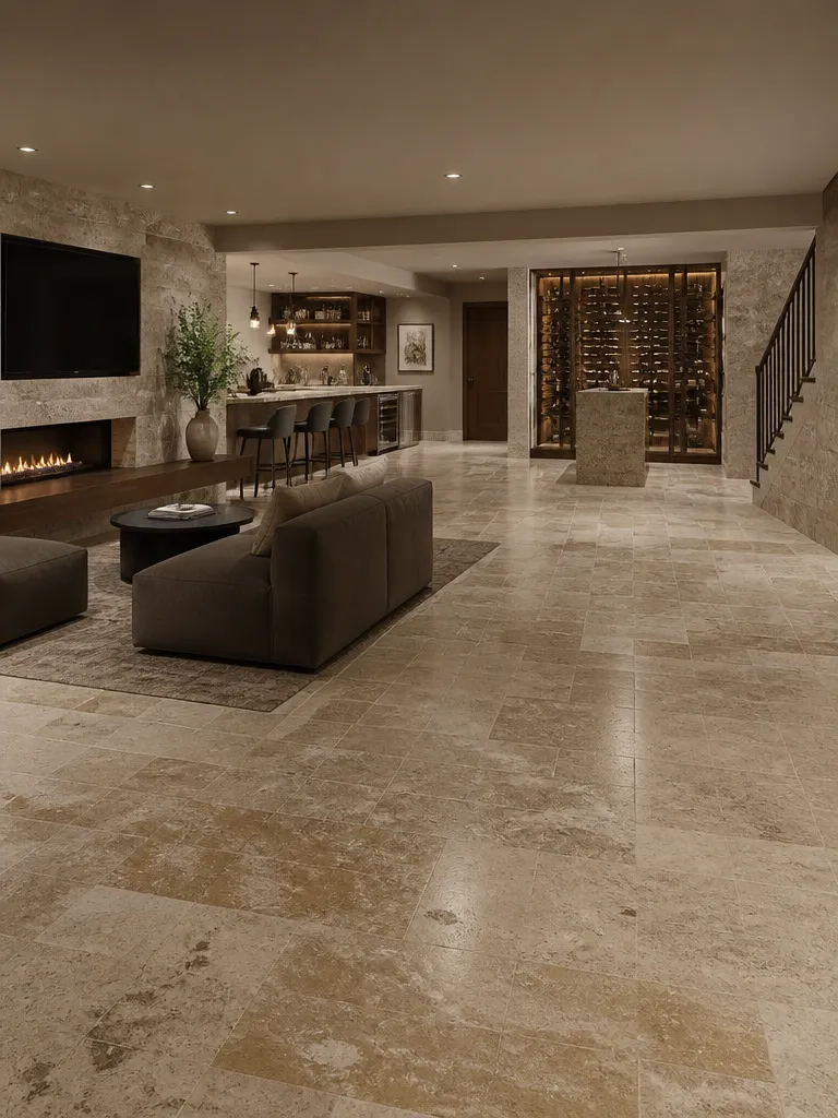 Travertine Tile Basement Luxury editorial staging