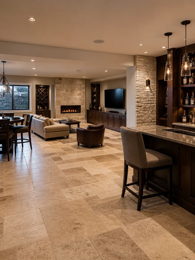 Travertine Tile Basement Warm residential staging