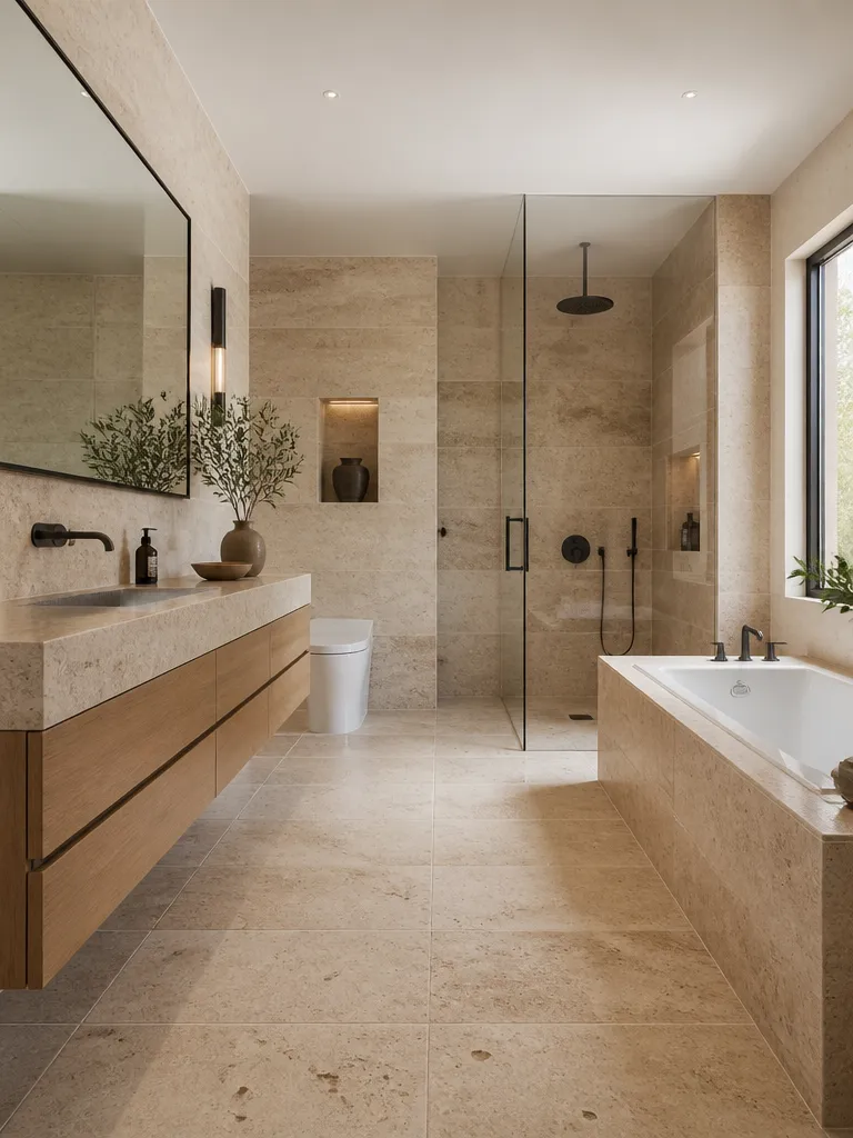 Travertine Tile Bathroom Luxury editorial staging