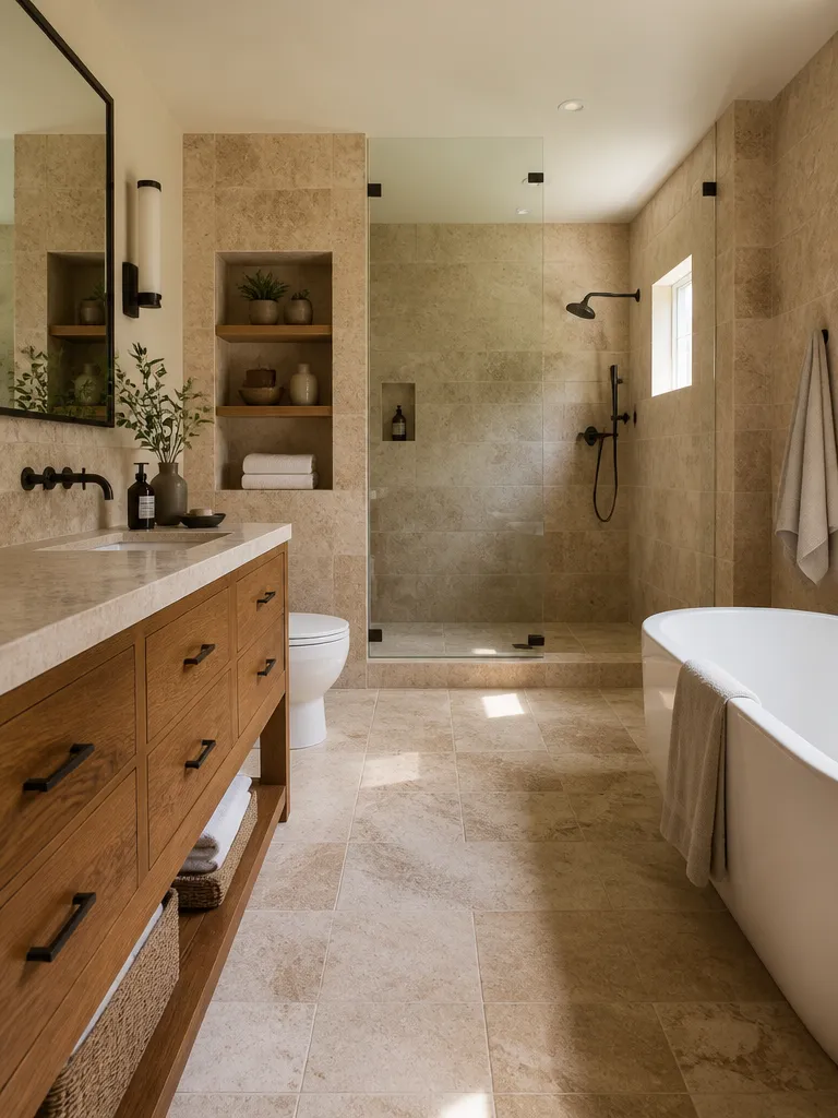 Travertine Tile Bathroom Warm residential staging