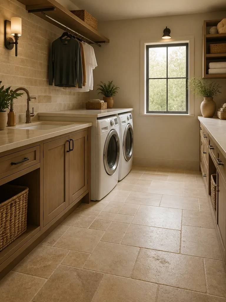 Travertine Tile Laundry Room Warm residential staging