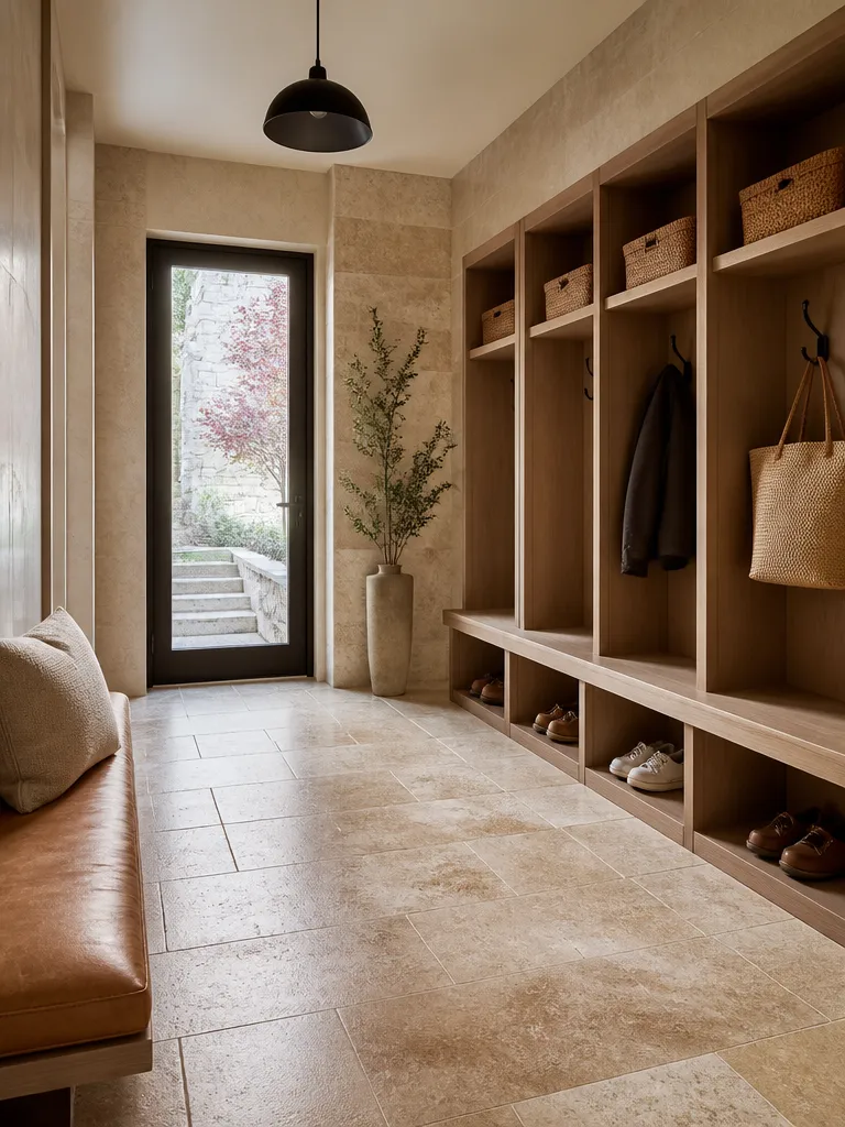 Travertine Tile Mudroom Luxury editorial staging
