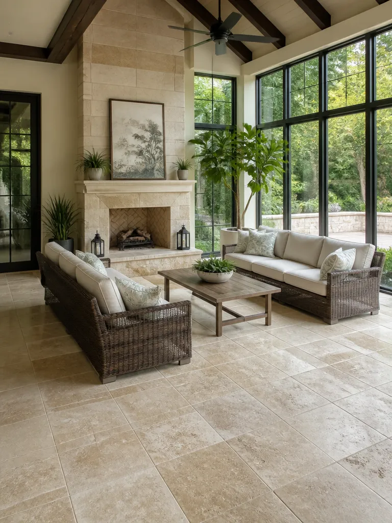 Travertine Tile Sunroom Luxury editorial staging