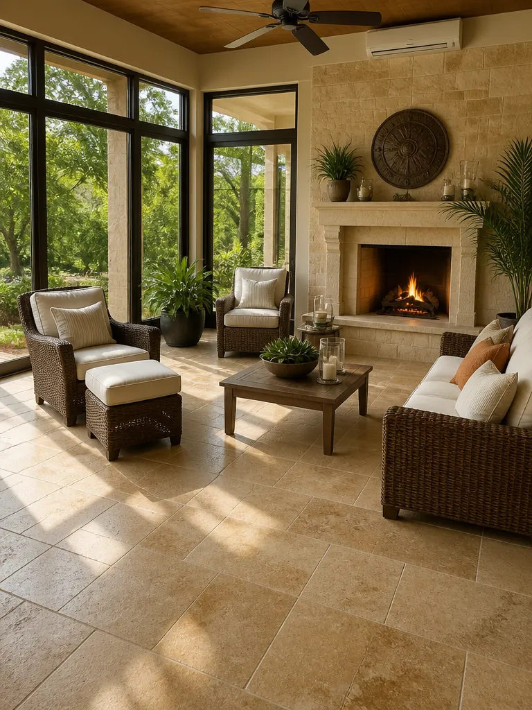 Travertine Tile Sunroom Warm residential staging