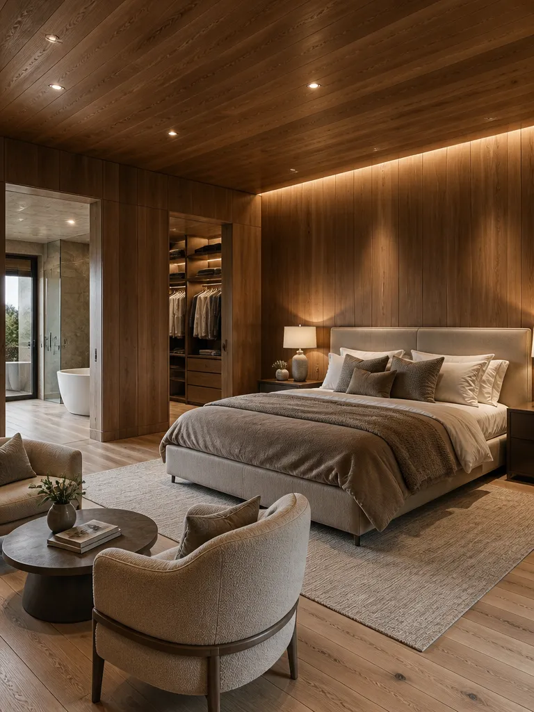 Wood Paneling Master Bedroom Luxury editorial staging