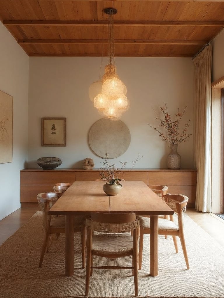 Asian Zen Dining Room featuring tranquil minimalism, natural elements, peaceful harmony - interior design ideas and inspiration