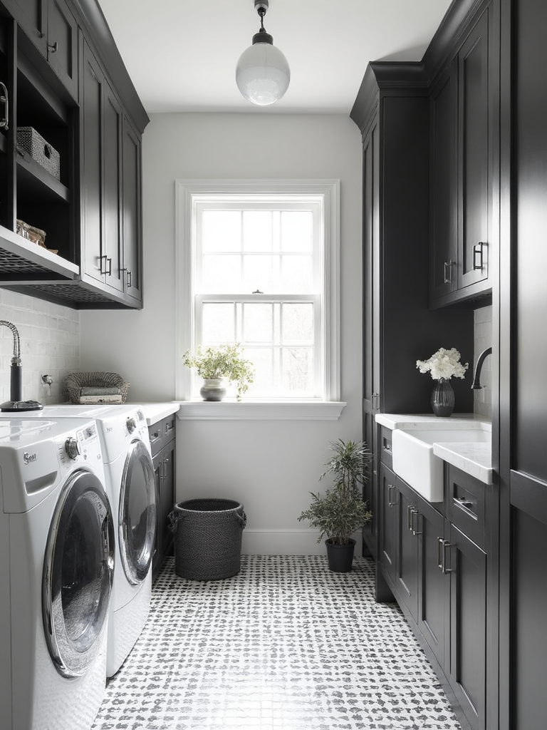 Black And White Laundry Room featuring monochrome, high contrast, dramatic - interior design ideas and inspiration