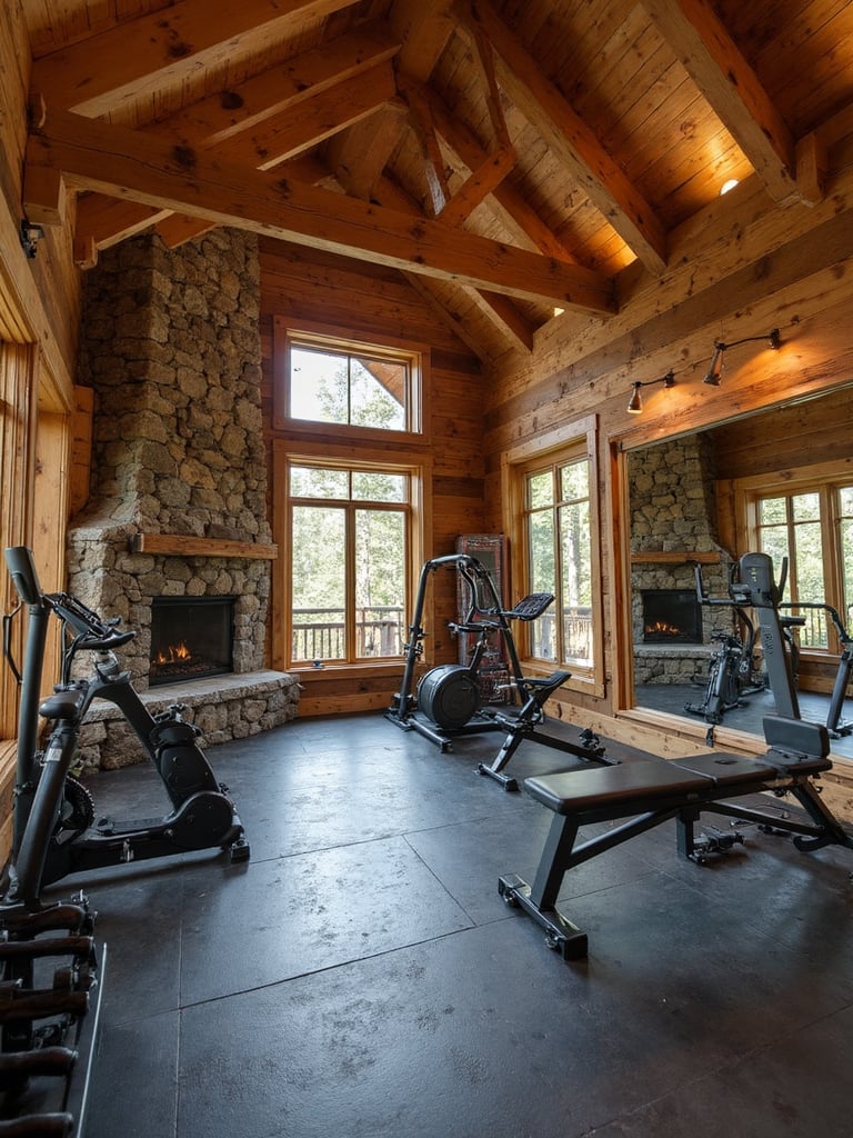 Cabin Home Gym featuring rustic, cozy, natural wood - interior design ideas and inspiration