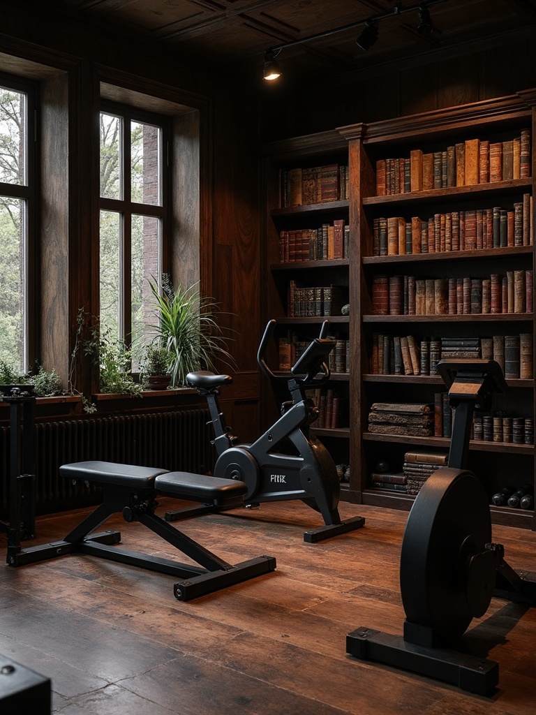 Dark Academia Home Gym featuring scholarly aesthetic, vintage books, rich woods - interior design ideas and inspiration