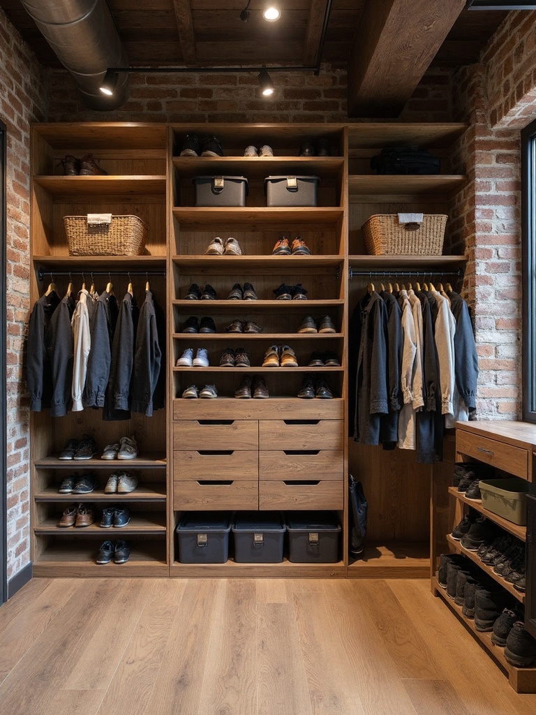 Industrial Closet featuring exposed brick, metal fixtures, open floor plan - interior design ideas and inspiration