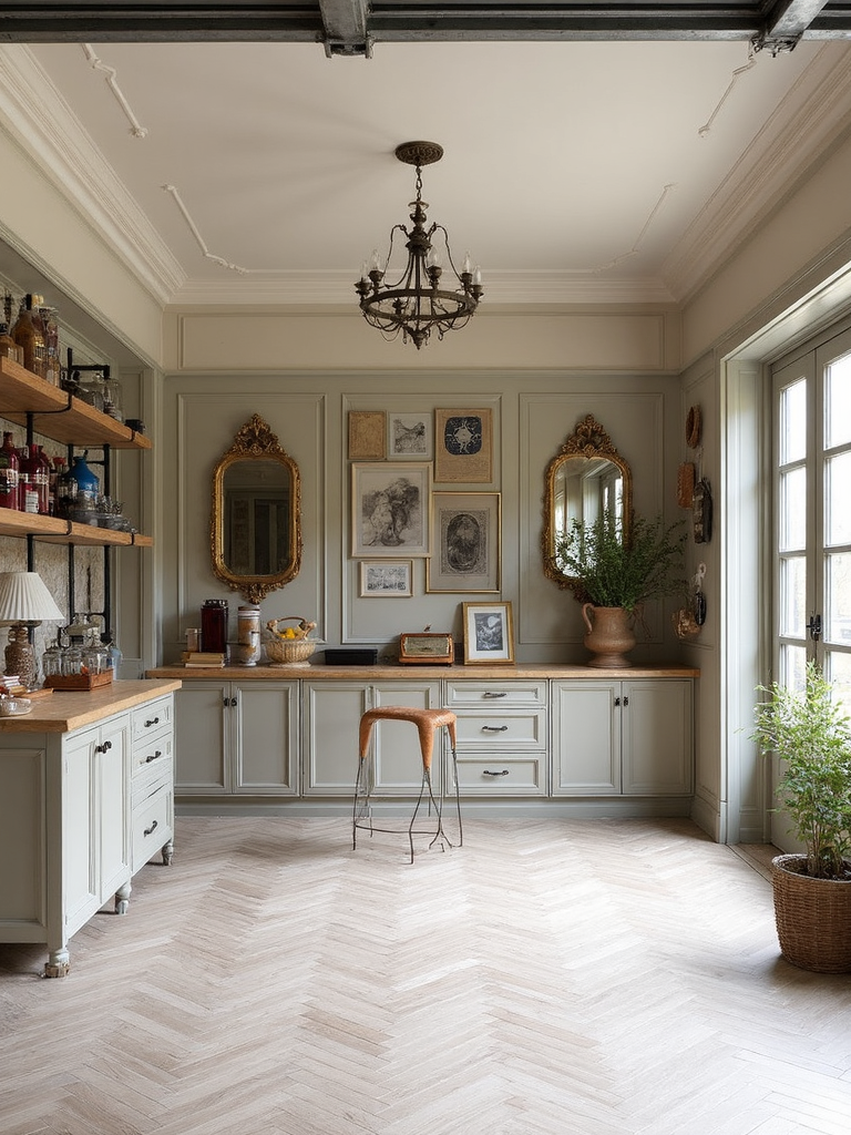 Parisian Garage featuring chic sophistication, herringbone floors, ornate moldings - interior design ideas and inspiration