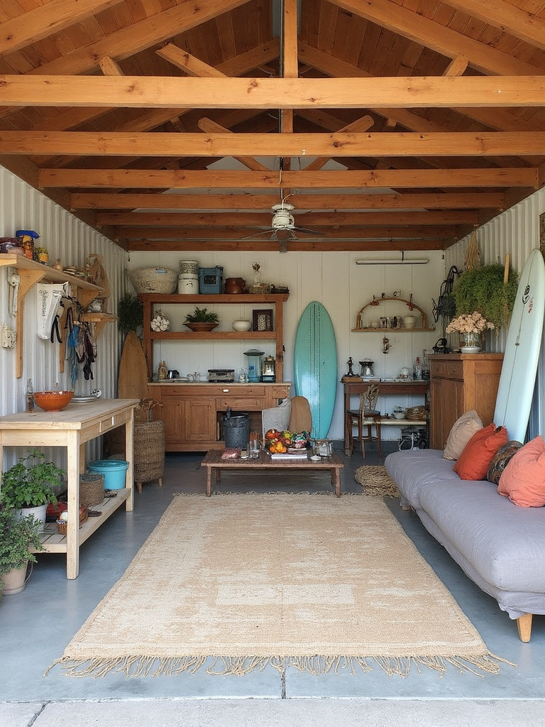 Surf Shack Garage featuring beach vibes, weathered woods, surfboard decor - interior design ideas and inspiration