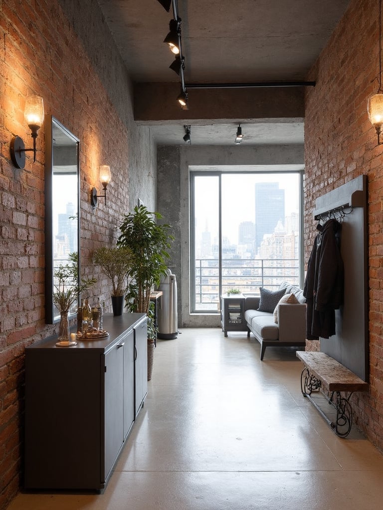 Urban Loft Entryway featuring exposed brick, high ceilings, industrial elements - interior design ideas and inspiration