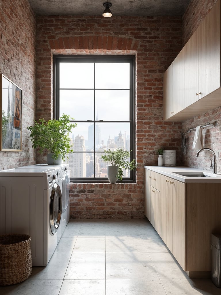 Urban Loft Laundry Room featuring exposed brick, high ceilings, industrial elements - interior design ideas and inspiration