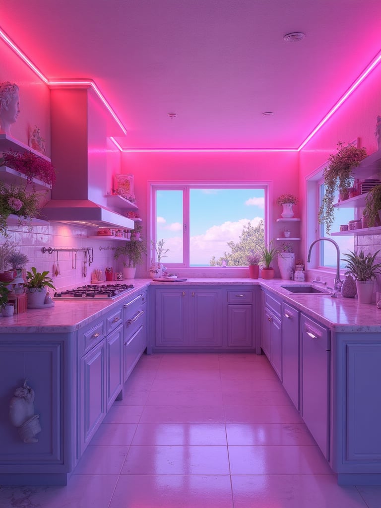 Vaporwave Kitchen featuring retro 80s aesthetic, neon colors, nostalgic elements - interior design ideas and inspiration